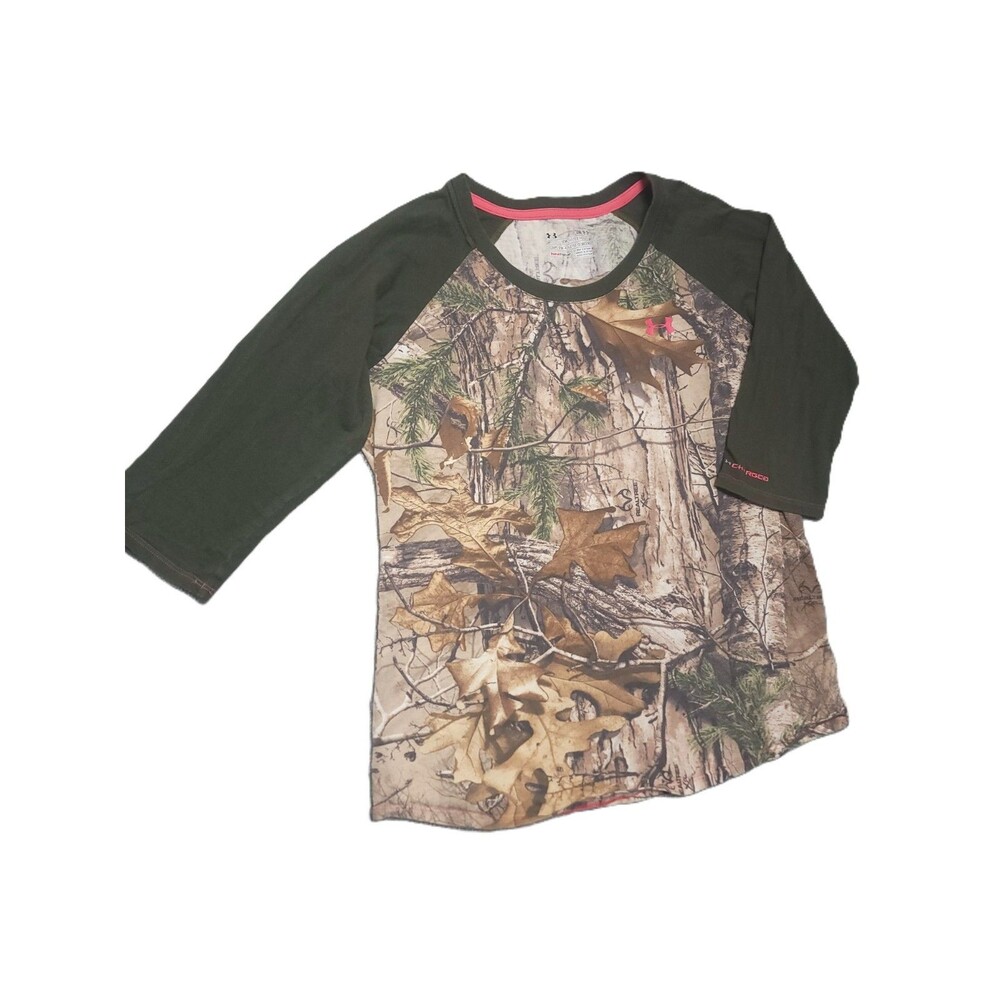 Under Armour Realtree Camo T Shirt Women's S Heatgear Semi Fitted 3/4 Sleeve Top